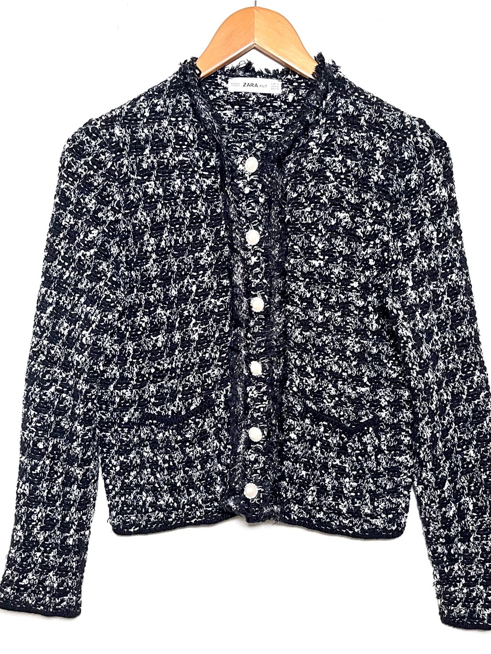 Zara Knit Textured Tweed Cardigan Jacket Size Small Black White Pearl Buttons